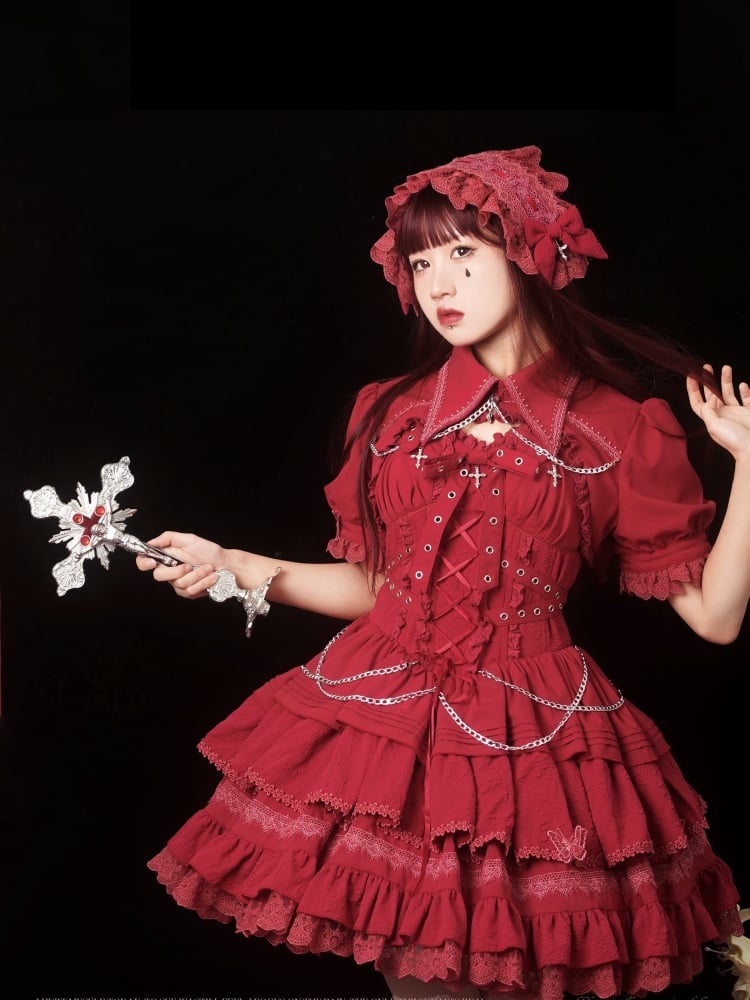 Punk Goth Red Short Jumper Skirt Adjustable Criss-cross Straps Waist