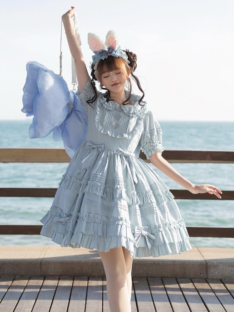 Summer Blue Bowknot Details Ruffle Skirt One Piece