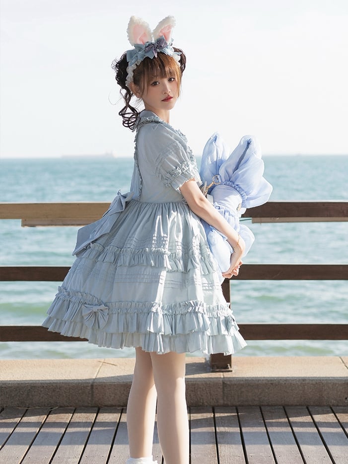 Summer Blue Bowknot Details Ruffle Skirt One Piece