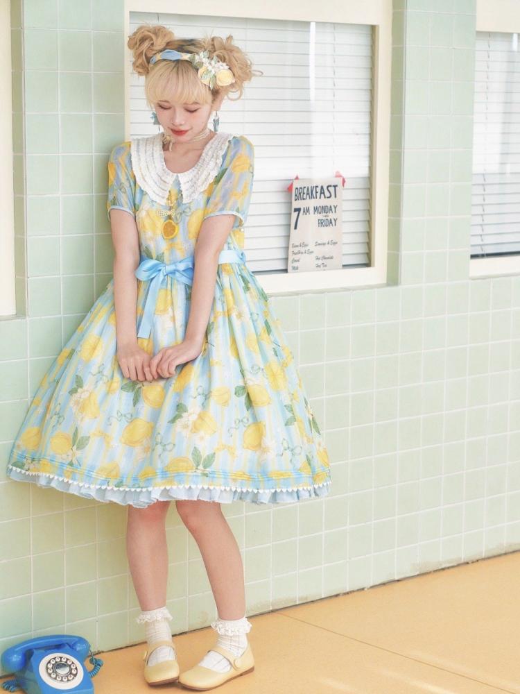 Summer Lemon Print Yellow and Blue One Piece