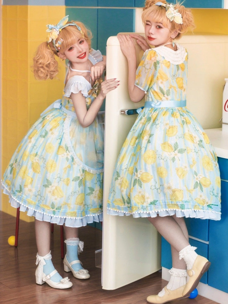 Summer Lemon Print Yellow and Blue One Piece