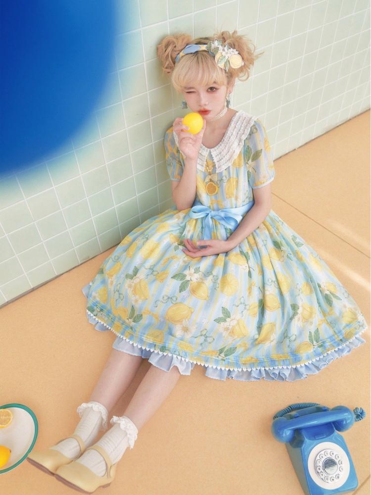 Summer Lemon Print Yellow and Blue One Piece