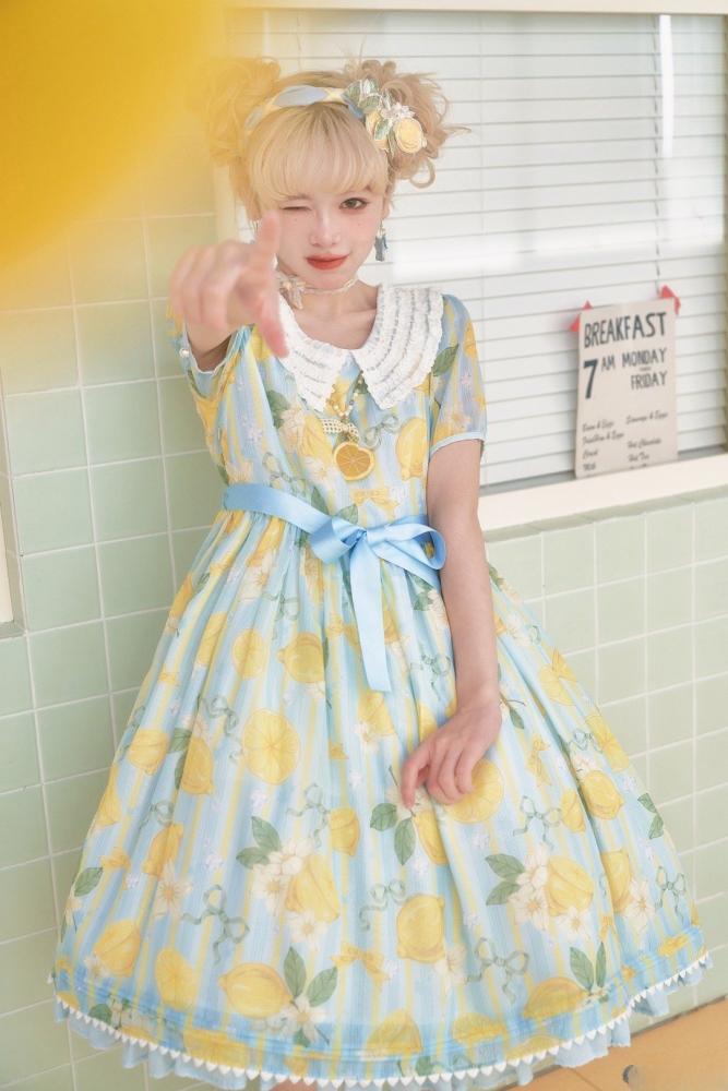 Summer Lemon Print Yellow and Blue One Piece