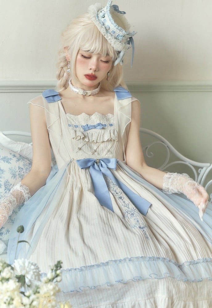 Hebe's Tears Beige and Blue Short/Long Version Square Neckline Jumper Skirt Set