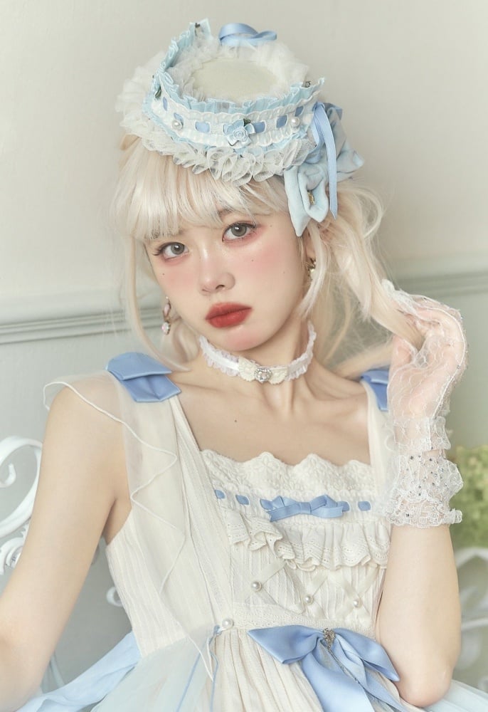 Hebe's Tears Beige and Blue Short/Long Version Square Neckline Jumper Skirt Set