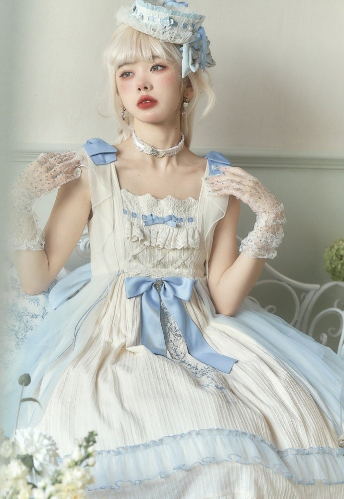 Hebe's Tears Beige and Blue Short/Long Version Square Neckline Jumper Skirt Set