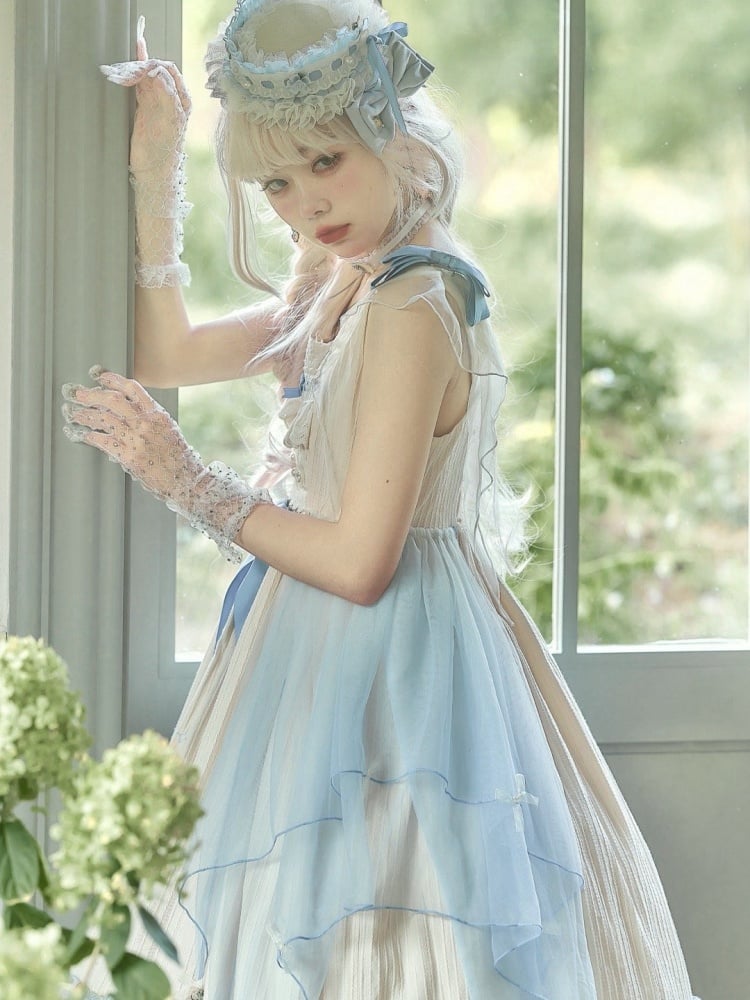 Hebe's Tears Beige and Blue Short/Long Version Square Neckline Jumper Skirt Set