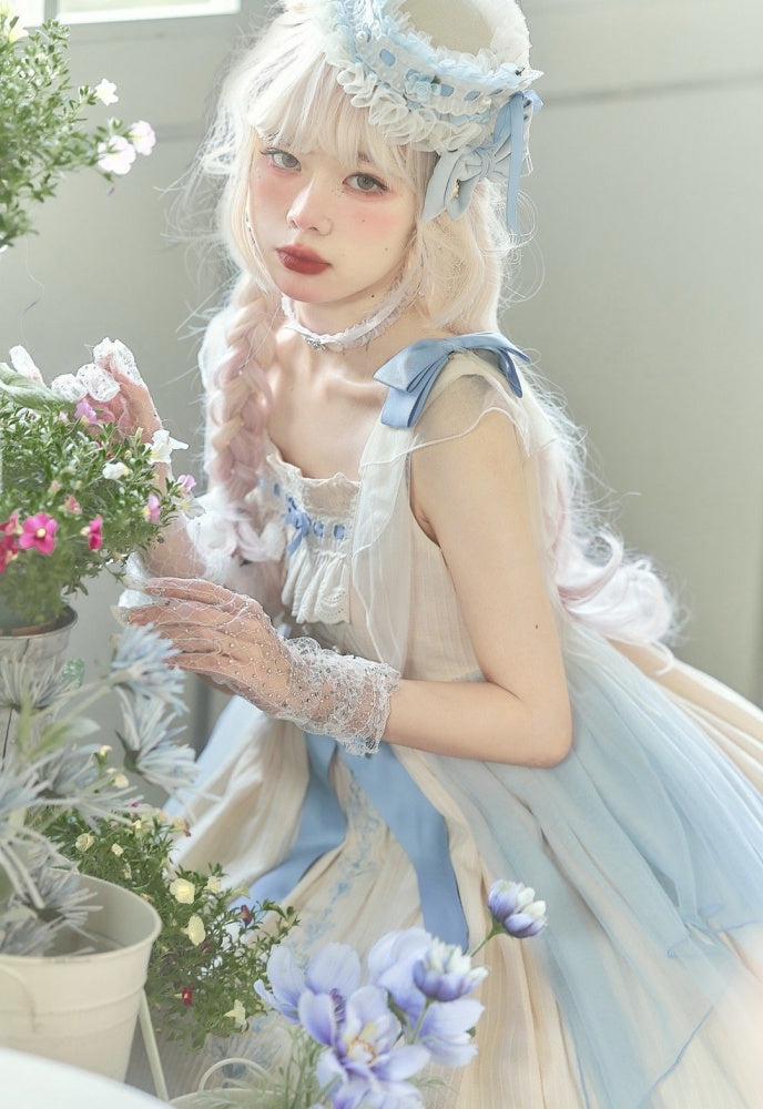 Hebe's Tears Beige and Blue Long Version Square Neckline Jumper Skirt