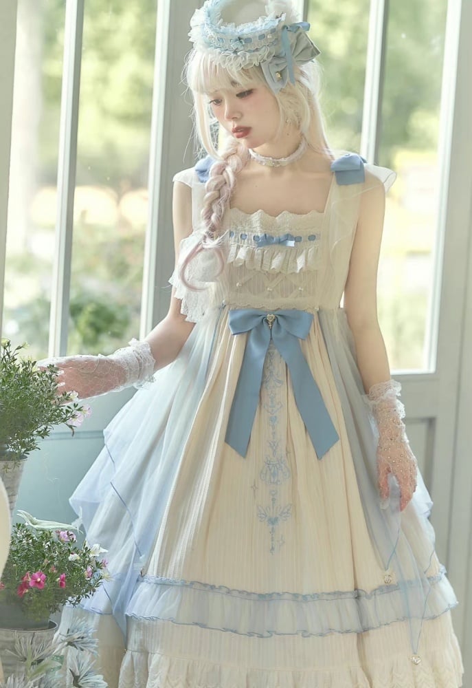 Hebe's Tears Beige and Blue Short/Long Version Square Neckline Jumper Skirt Set