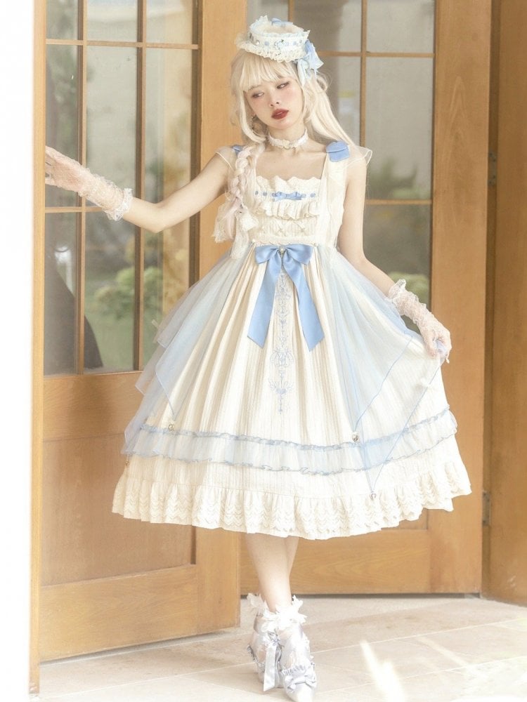 Hebe's Tears Beige and Blue Short/Long Version Square Neckline Jumper Skirt Set