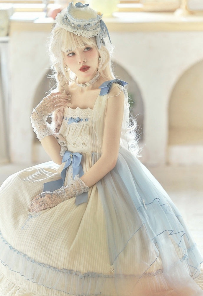 Hebe's Tears Beige and Blue Long Version Square Neckline Jumper Skirt