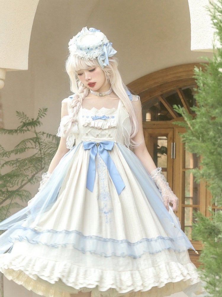 Hebe's Tears Beige and Blue Short/Long Version Square Neckline Jumper Skirt Set