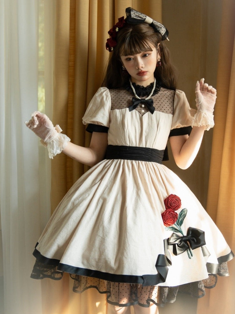 White Rosette Embroidery One Piece Cotton / Satin Dress
