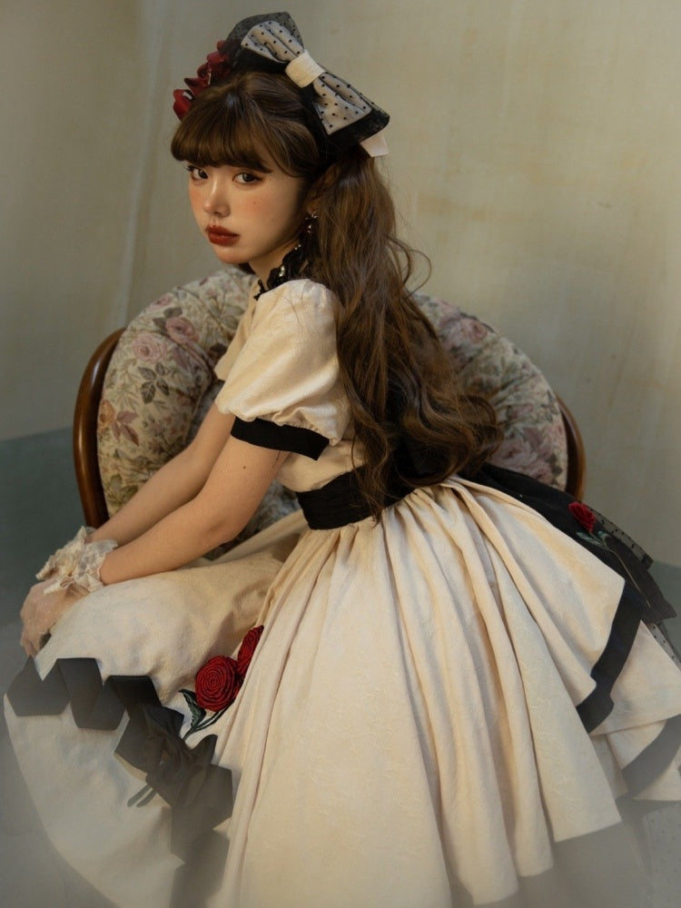 White Rosette Embroidery One Piece Cotton / Satin Dress