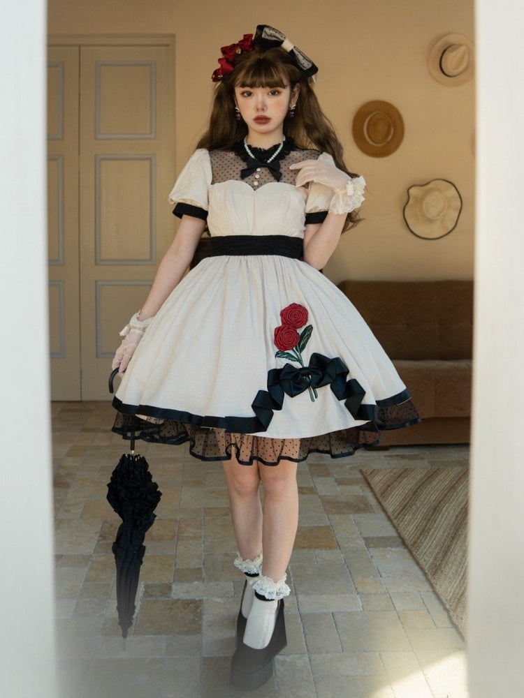 White Rosette Embroidery One Piece Cotton / Satin Dress