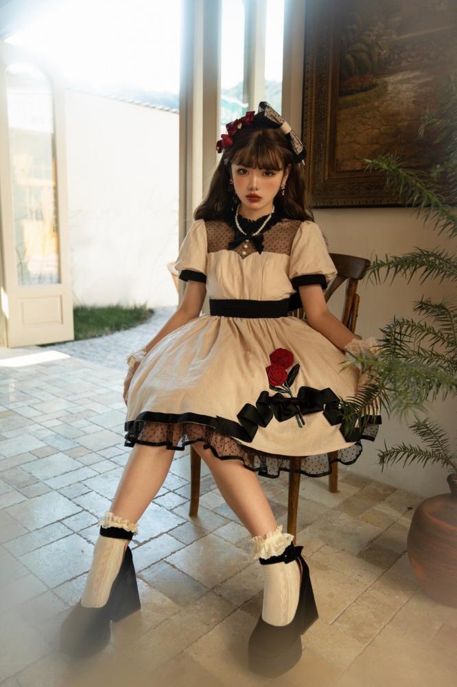 White Rosette Embroidery One Piece Cotton / Satin Dress