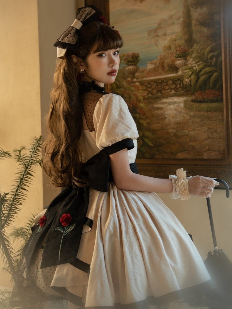 White Rosette Embroidery One Piece Cotton / Satin Dress