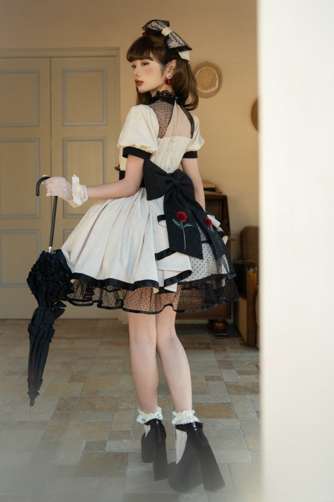 White Rosette Embroidery One Piece Cotton / Satin Dress