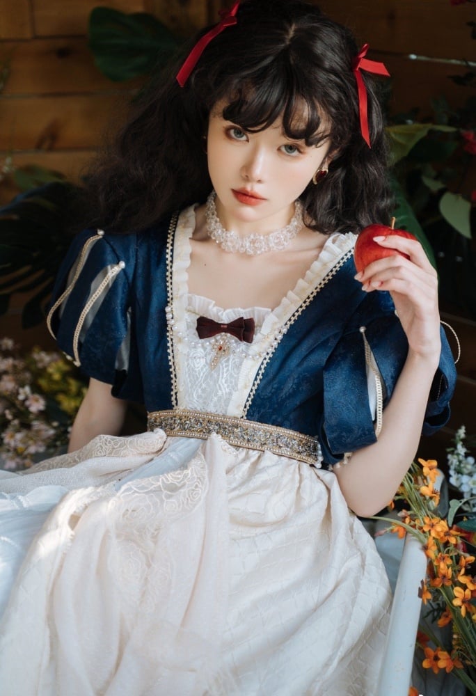 Snow White Empire Waist One Piece V-neck Back Beige and Dark Blue