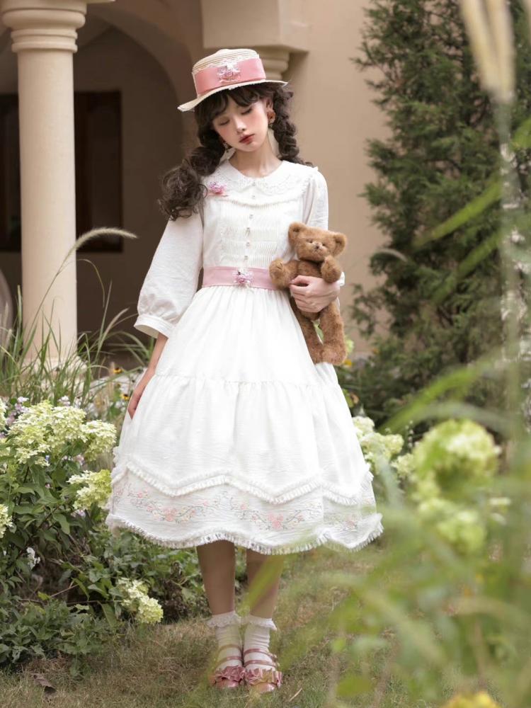 Time Collection White and Pink Peter Pan Collar/Ruffle Round Neck Long Sleeves One Piece