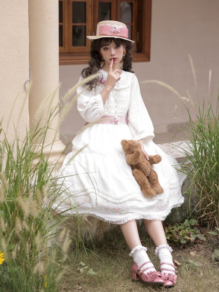 Time Collection White and Pink Peter Pan Collar/Ruffle Round Neck Long Sleeves One Piece