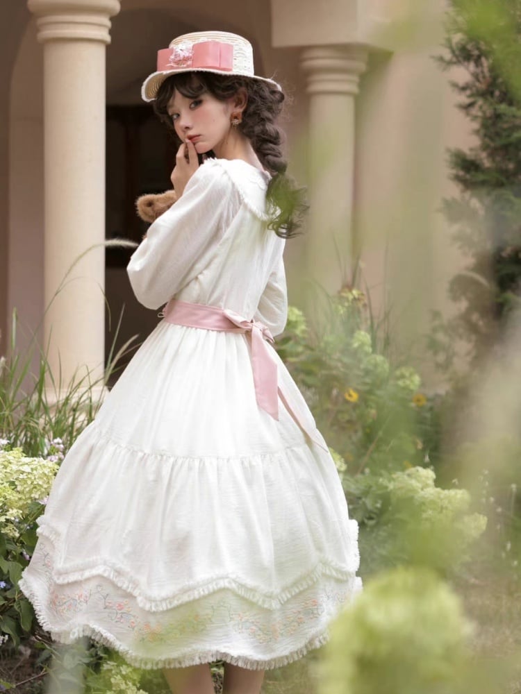 Time Collection White and Pink Peter Pan Collar/Ruffle Round Neck Long Sleeves One Piece