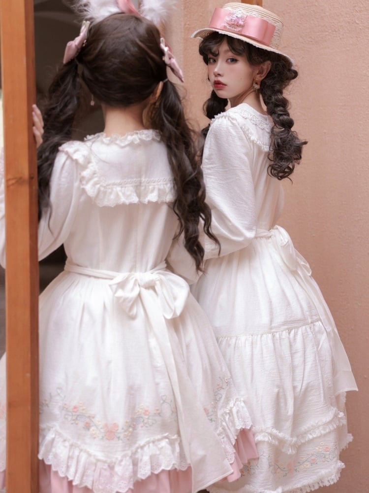 Time Collection White and Pink Peter Pan Collar/Ruffle Round Neck Long Sleeves One Piece