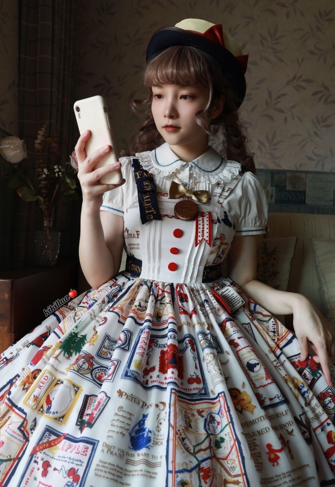 White High Waist Print Design Jumper Skirt