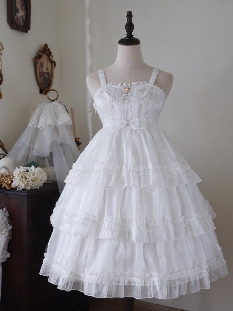 White Tiered Ruffle Skirt High Waist Jumper Skirt