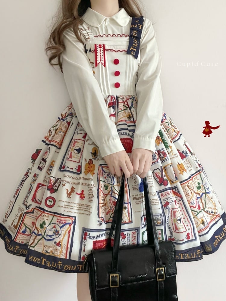 White High Waist Print Design Jumper Skirt