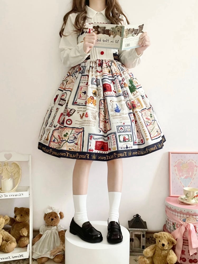 White High Waist Print Design Jumper Skirt