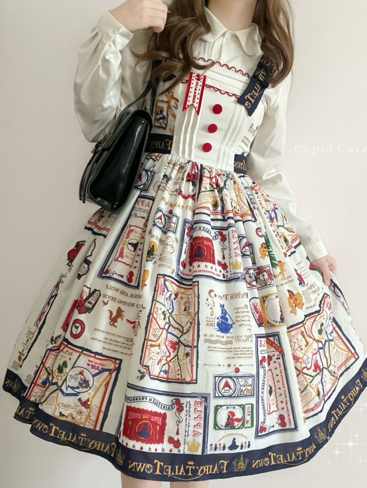 White High Waist Print Design Jumper Skirt