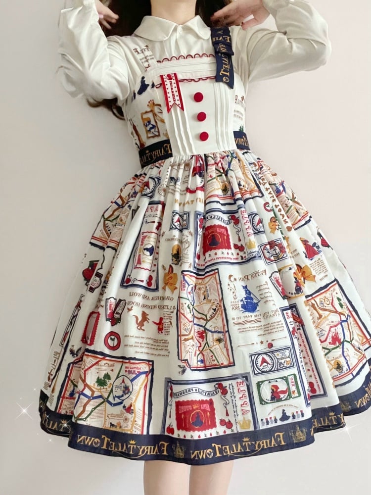 White High Waist Print Design Jumper Skirt