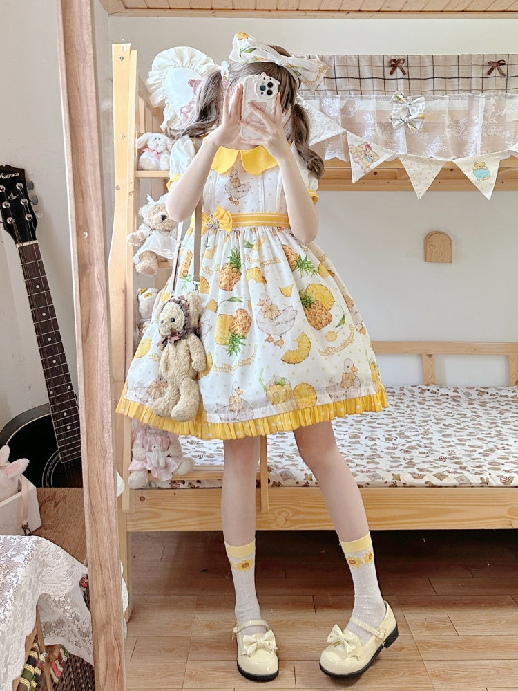 Yellow Polka-dot Pattern Pineapple Duck Print One Piece