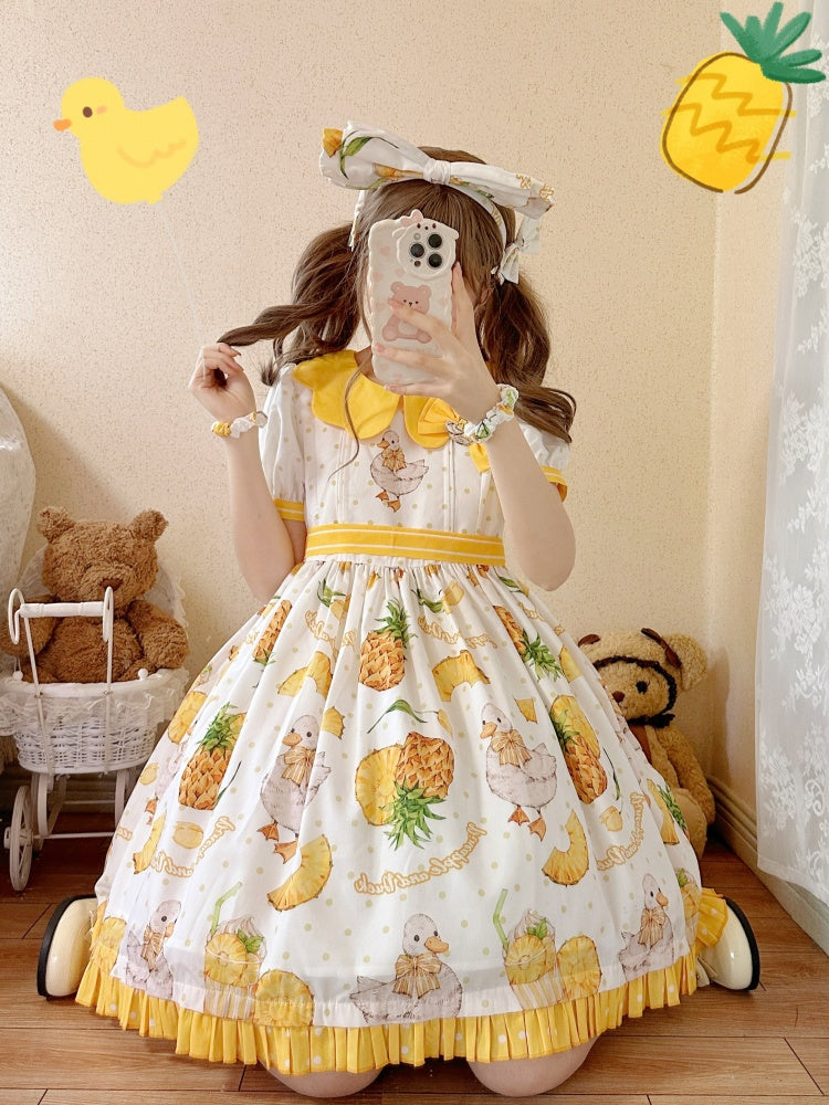 Yellow Polka-dot Pattern Pineapple Duck Print One Piece