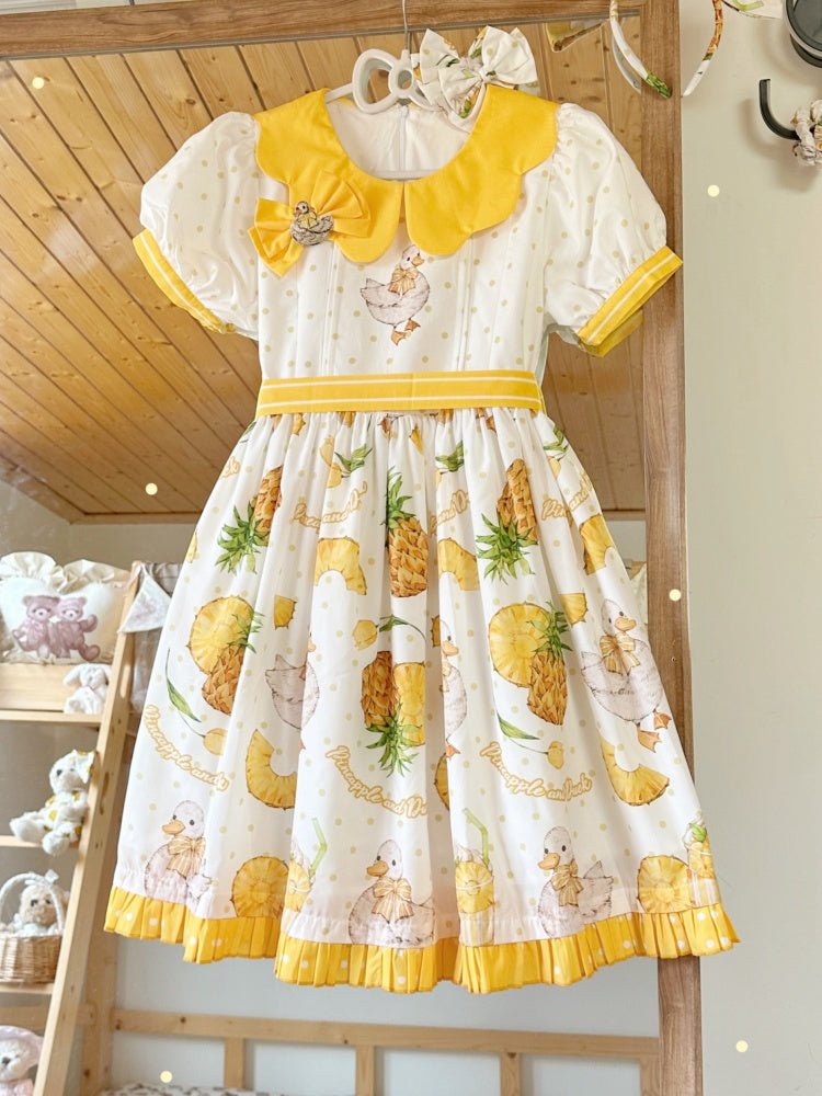 Yellow Polka-dot Pattern Pineapple Duck Print One Piece