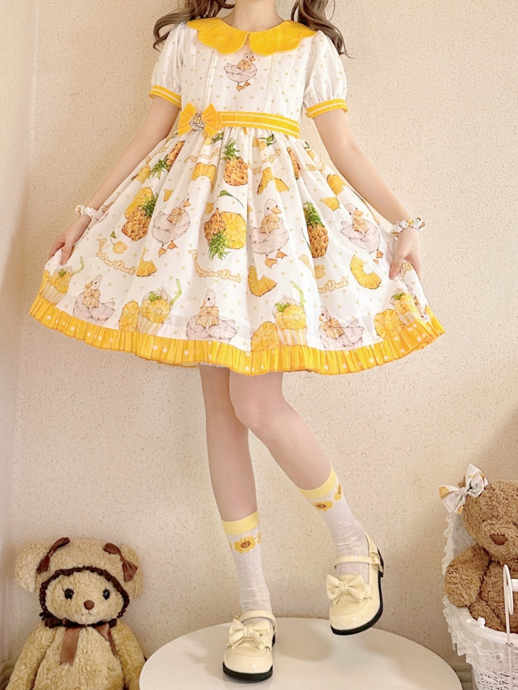 Yellow Polka-dot Pattern Pineapple Duck Print One Piece