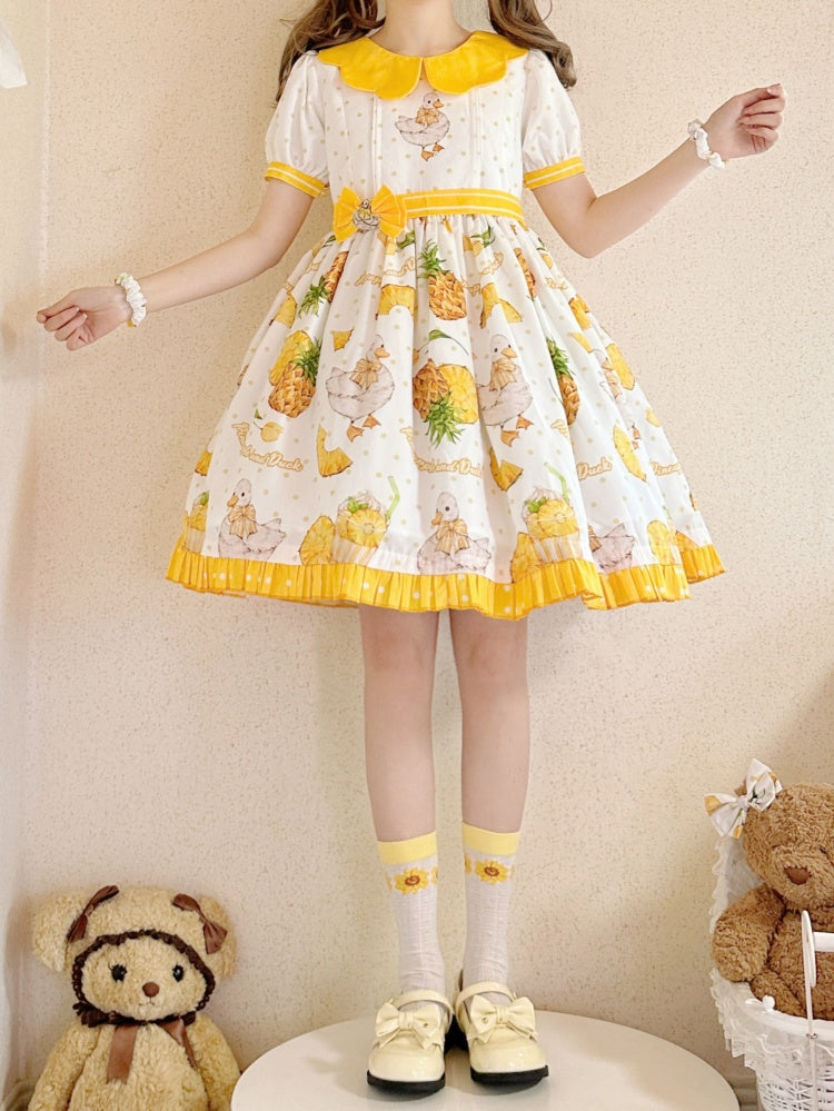 Yellow Polka-dot Pattern Pineapple Duck Print One Piece