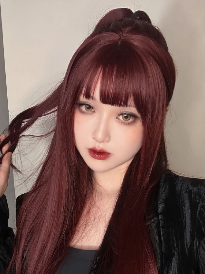 Wine Red Long Straight Synthetic Wig with Bangs