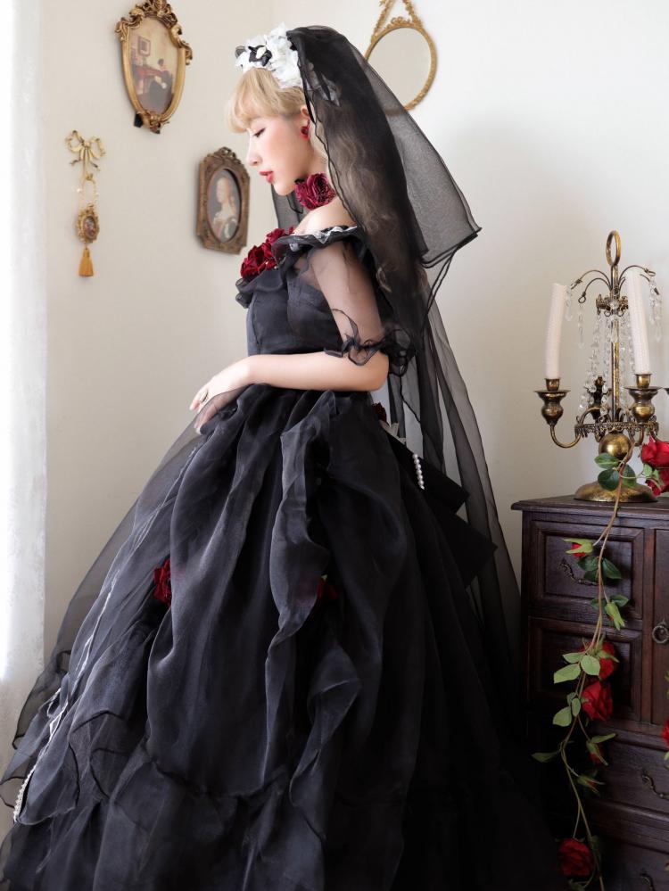 Plus Size Friendly Princess Appointment Black Rose Design Off-the-shoulder Short Sleeves One Piece