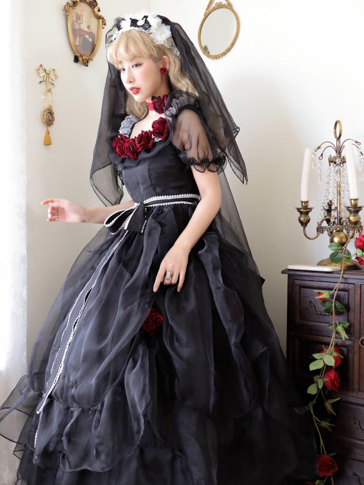 Plus Size Friendly Princess Appointment Black Rose Design Off-the-shoulder Short Sleeves One Piece