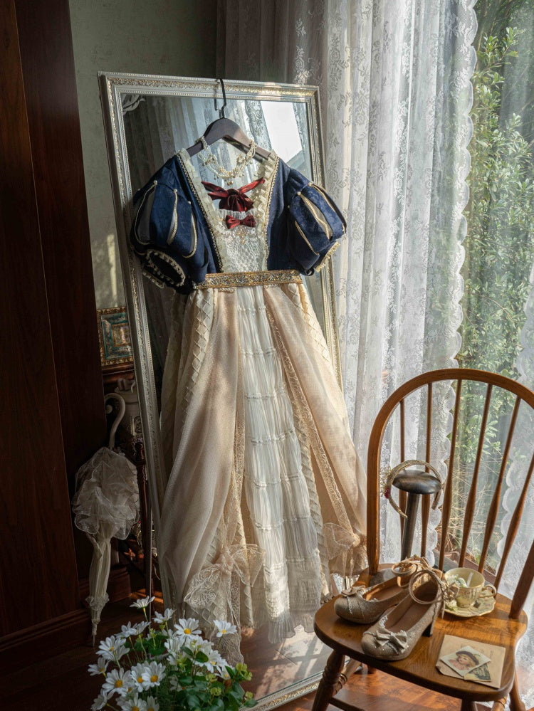 Snow White Empire Waist One Piece V-neck Back Beige and Dark Blue