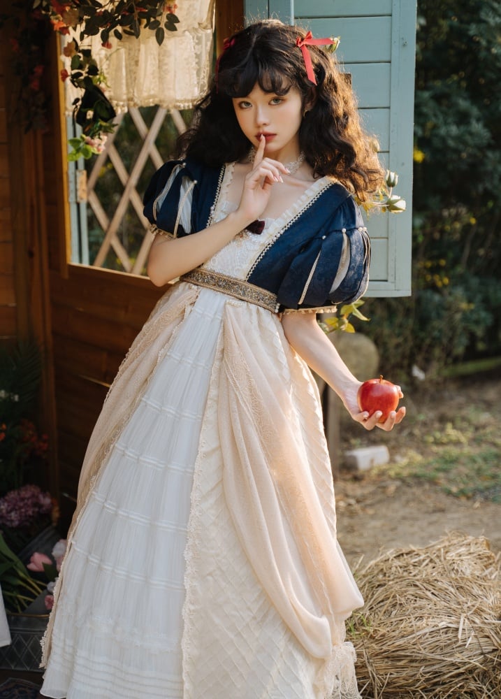 Snow White Empire Waist One Piece V-neck Back Beige and Dark Blue