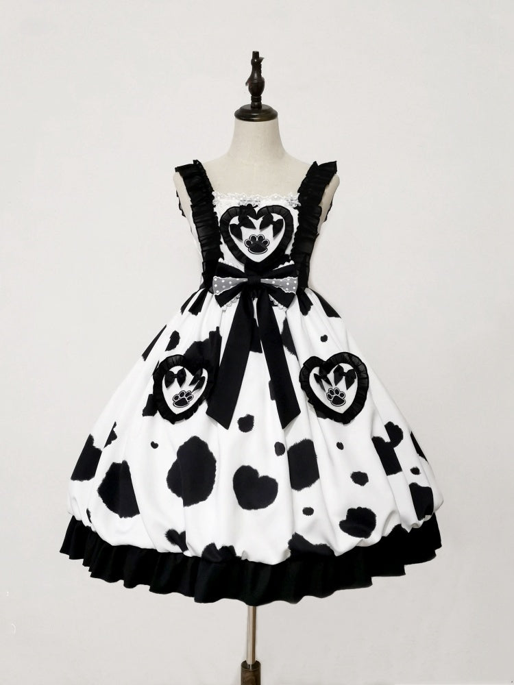 Spotted Print Square Neckline Ruffle Hemline HIgh Waist Jumper Skirt