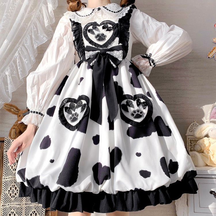 Spotted Print Square Neckline Ruffle Hemline HIgh Waist Jumper Skirt
