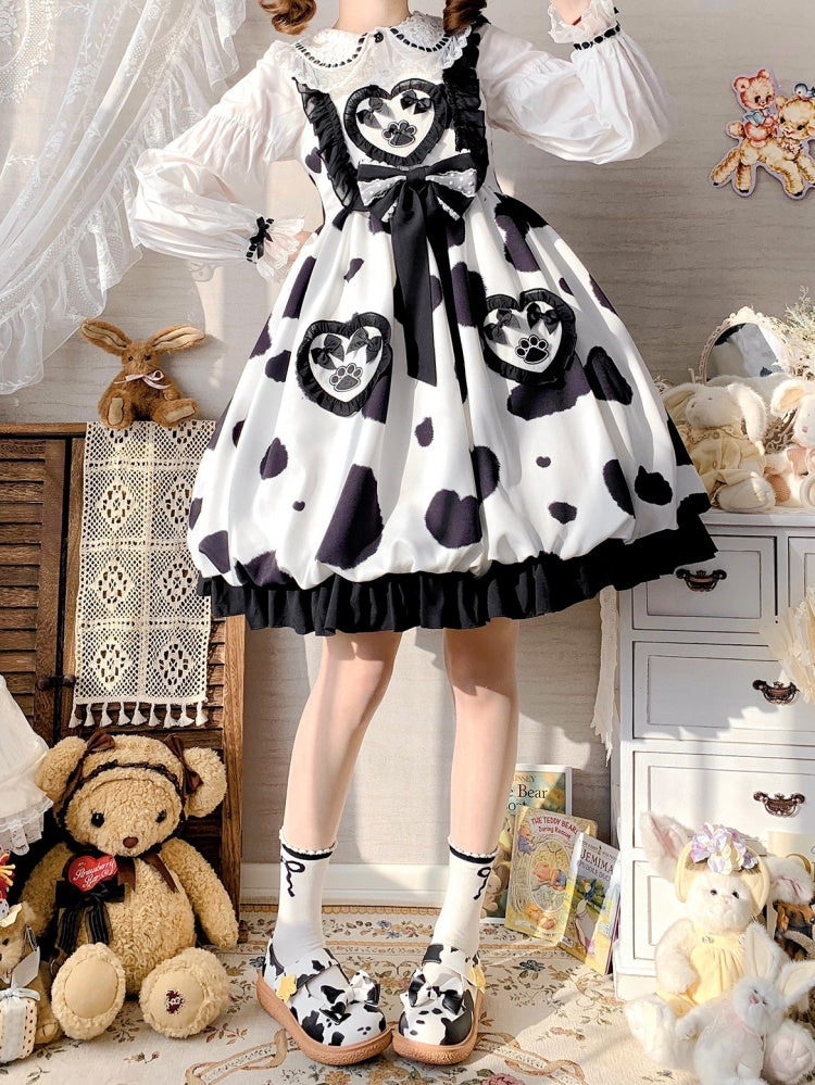 Spotted Print Square Neckline Ruffle Hemline HIgh Waist Jumper Skirt