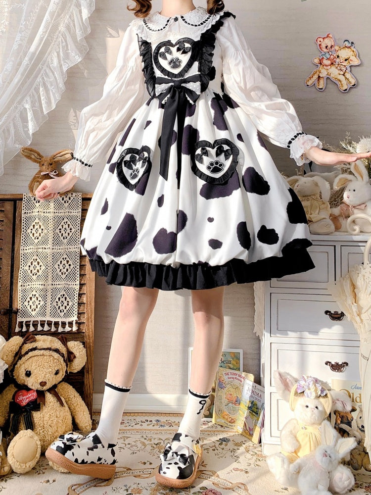 Spotted Print Square Neckline Ruffle Hemline HIgh Waist Jumper Skirt