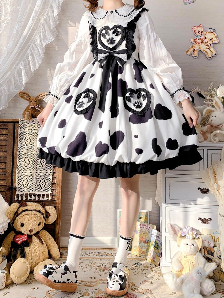Spotted Print Square Neckline Ruffle Hemline HIgh Waist Jumper Skirt