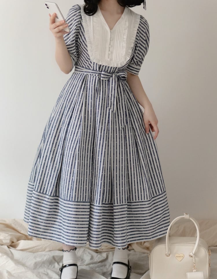 Three Colors Banded Collar Striped Pattern Short Sleeves One Piece