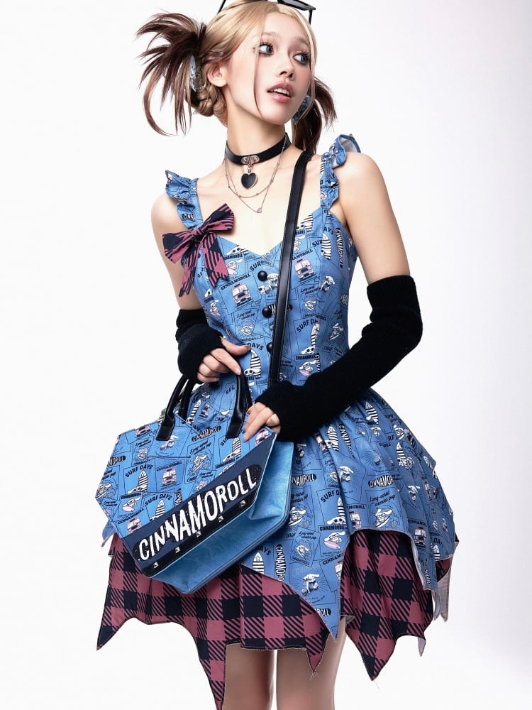Cinnamoroll Print Blue Dress Plaid Pattern Handkerchief Hem
